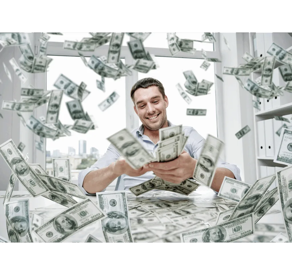 deszcz pieniędzy mężczyzna z pieniędzmi