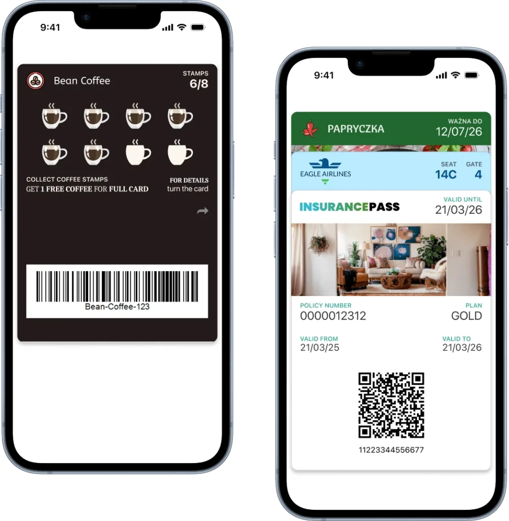 iPhoneMockups Karty lojalnościowe Apple Wallet w 2 telefonach